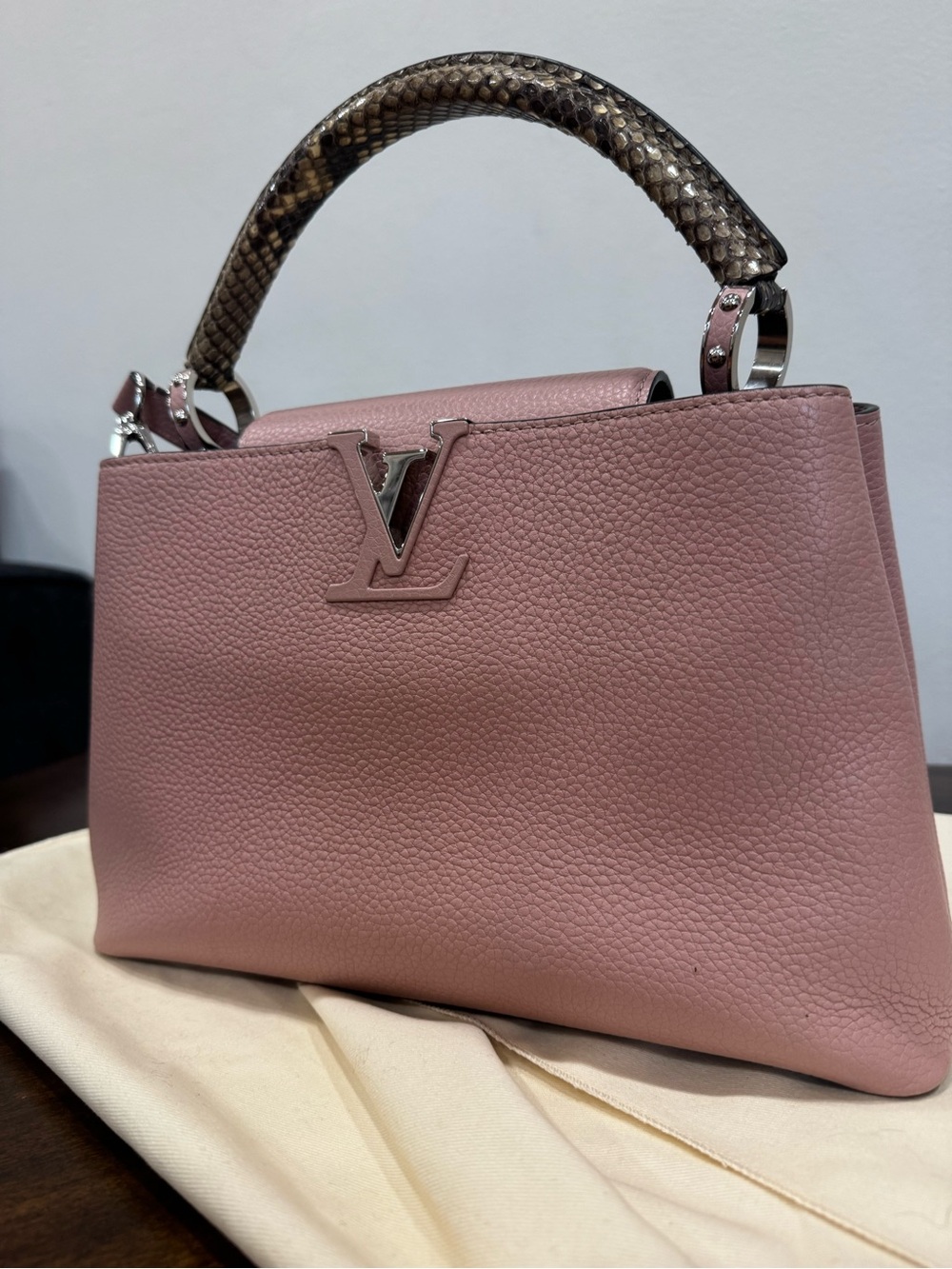 Louis Vuitton Dusty Pink Leather Satchel with Snakeskin Handle